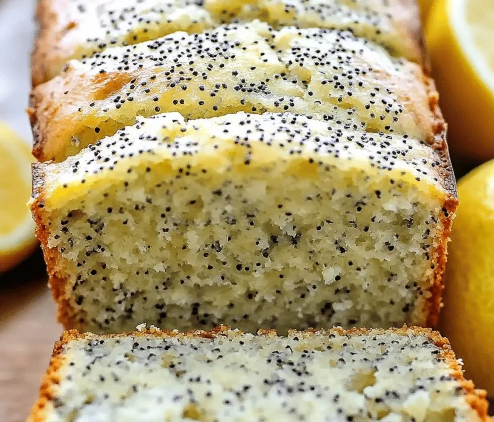 Freshly baked moist lemon poppy seed bread on a wooden table