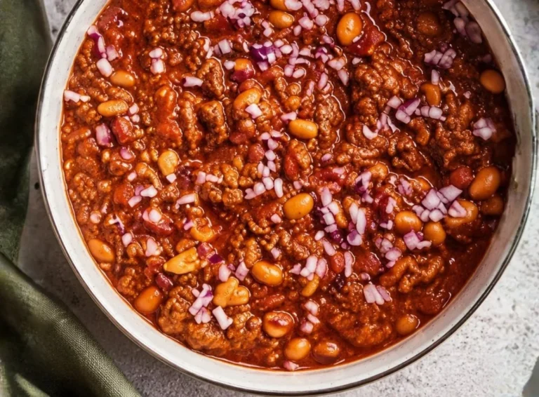 Delicious bowl of secret beef chili garnished with fresh herbs and spices.