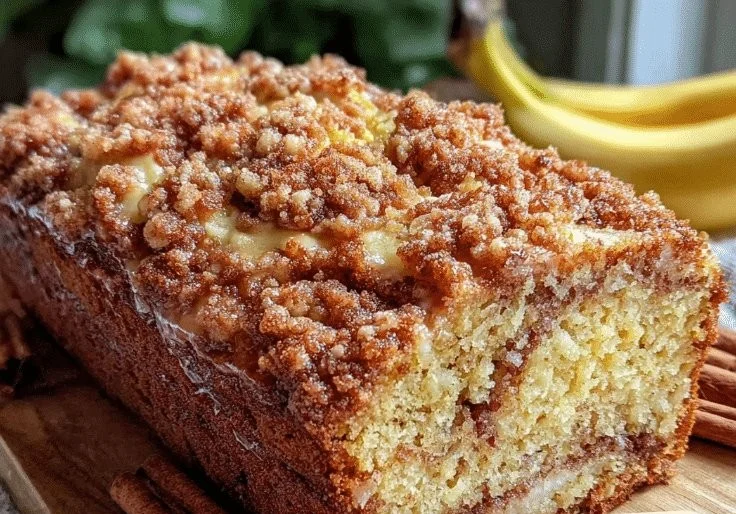 Cinnamon Swirl Banana Bread with Crumb Topping on a wooden table