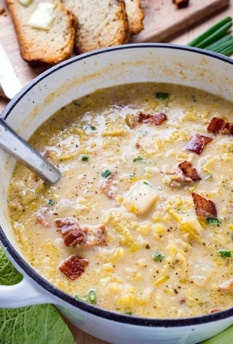 Delicious Colcannon Soup with Bacon served in a bowl, garnished with green onions.