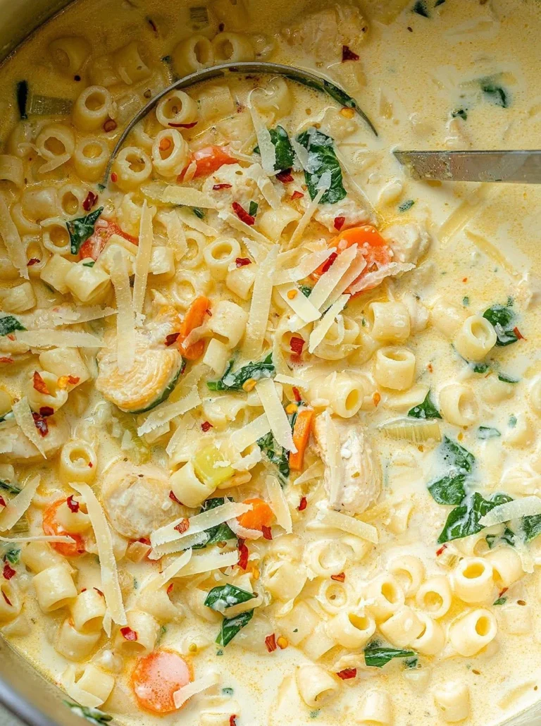 Creamy chicken pasta soup with carrots and spinach in a bowl