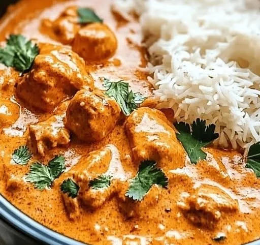 Delicious crockpot butter chicken served with rice and garnished with cilantro.