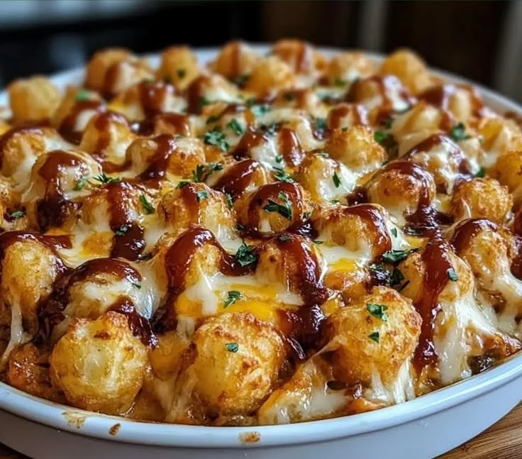 Easy BBQ chicken tater tot casserole served in a baking dish