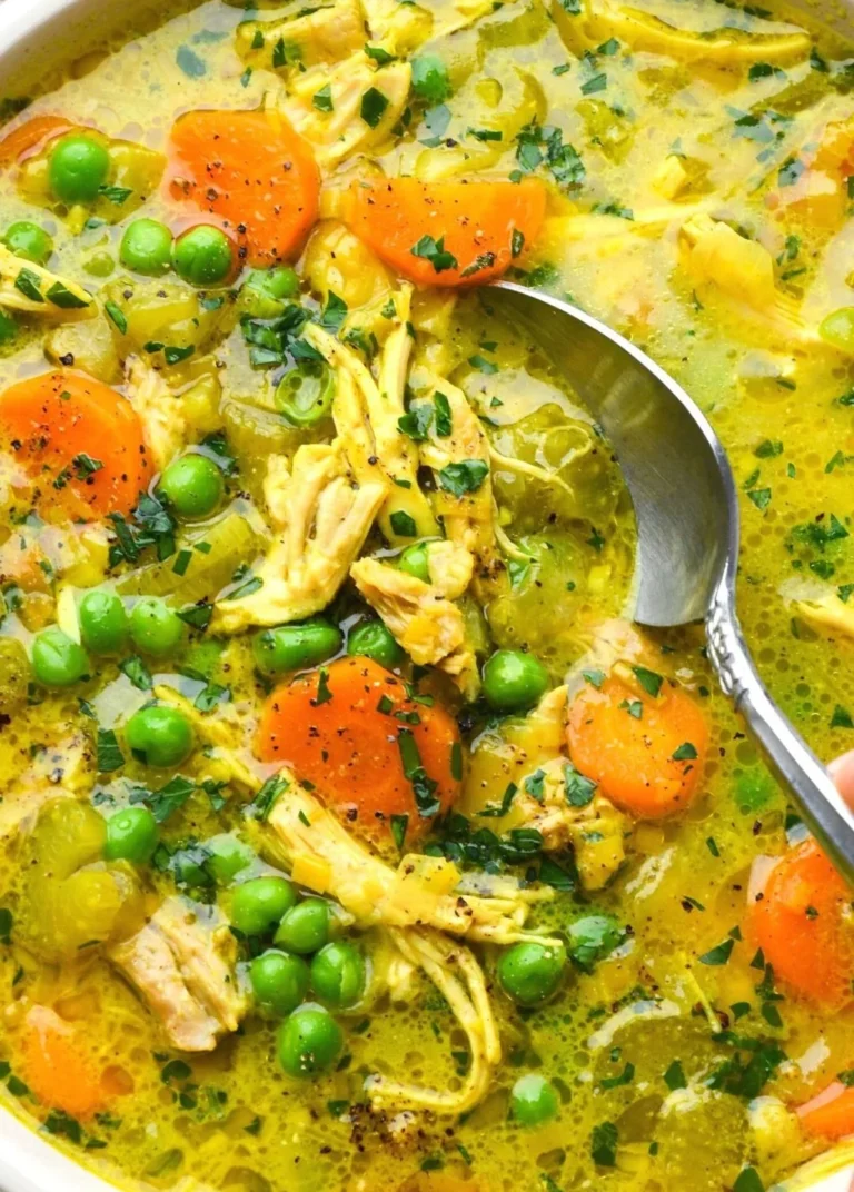 Bowl of healing turmeric chicken soup with vibrant spices and herbs.