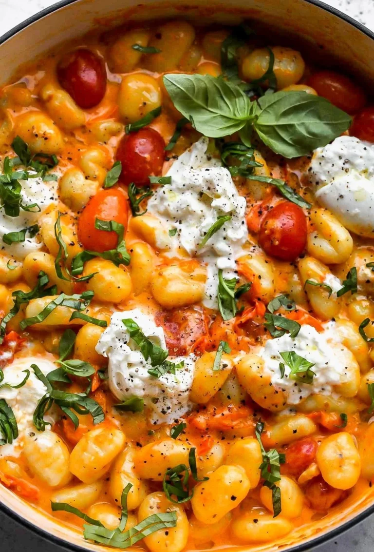 Bowl of creamy tomato gnocchi topped with burrata cheese and fresh basil.