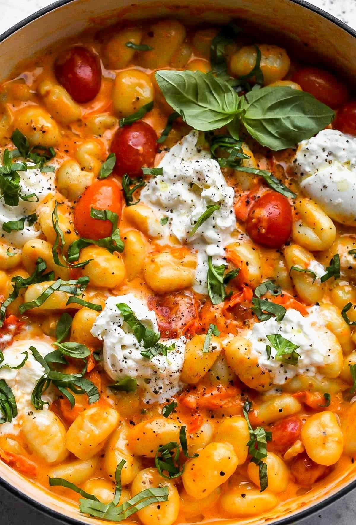 Bowl of creamy tomato gnocchi topped with burrata cheese and fresh basil.