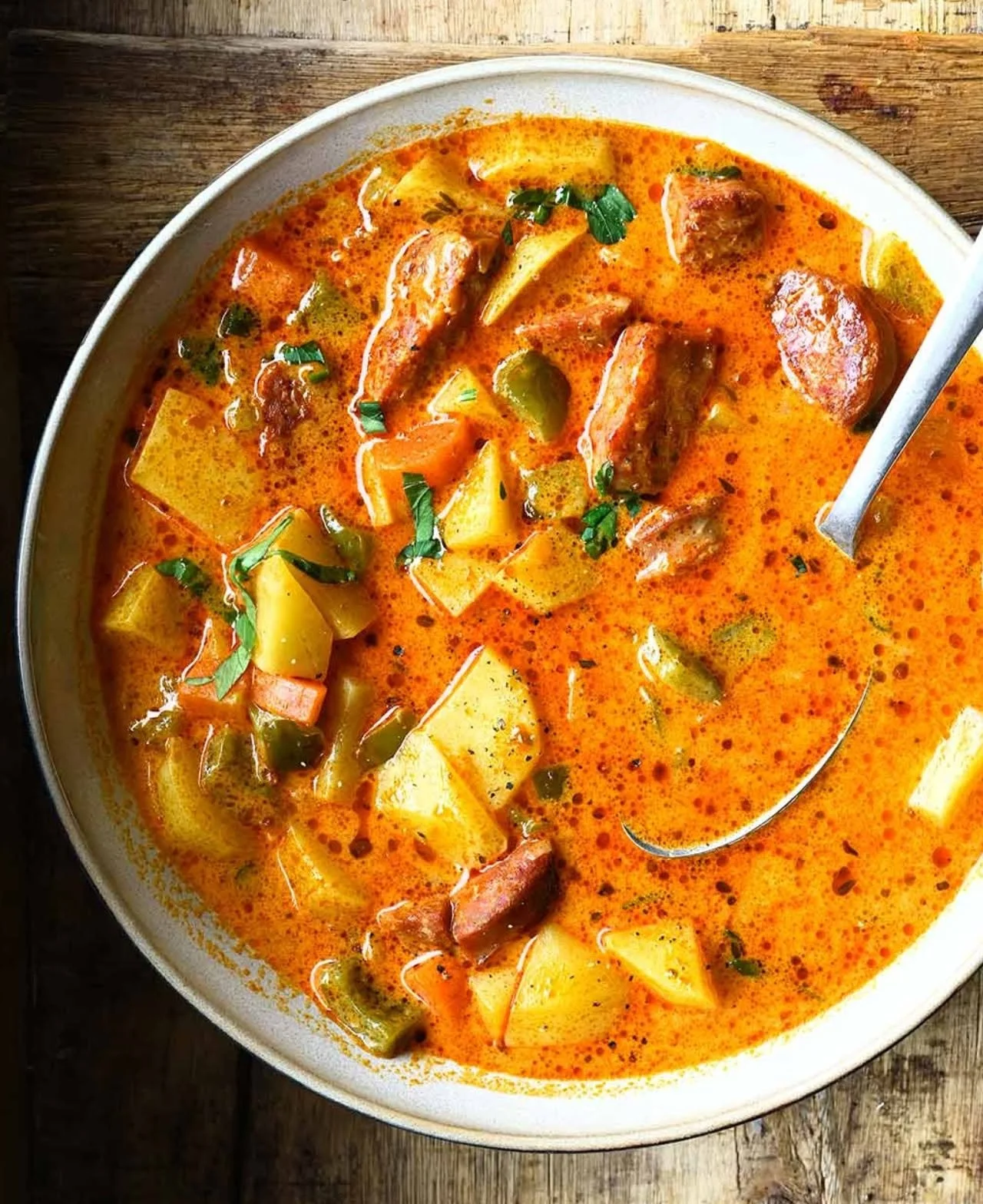 Bowl of delicious Spanish chorizo potato soup with garnishes