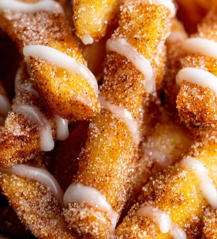 Delicious air fryer apple fries served on a plate with caramel sauce