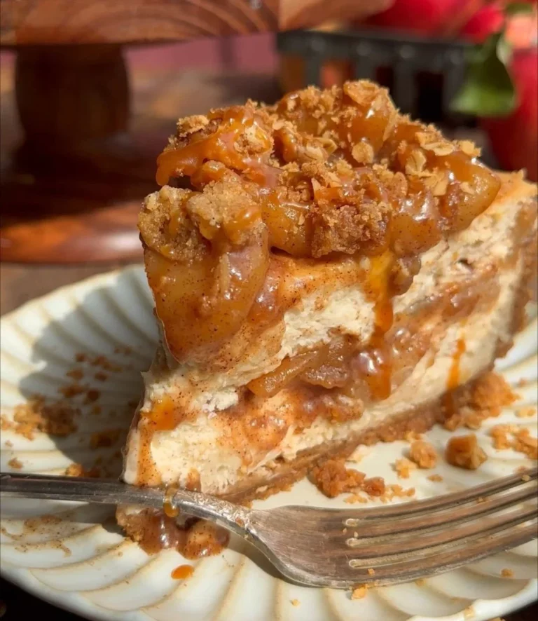 Slice of Apple Pie Cheesecake drizzled with salted caramel sauce