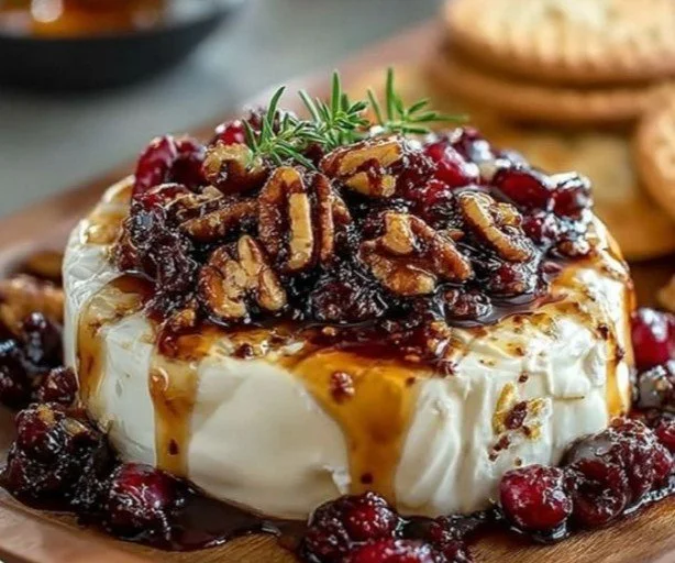 Delicious Baked Brie served with fruits and nuts