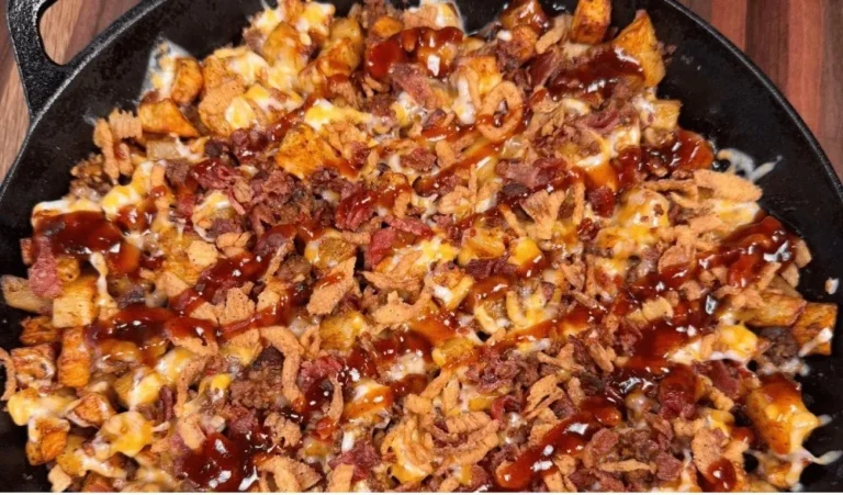 BBQ cheeseburger potato skillet topped with cheese and garnished with herbs