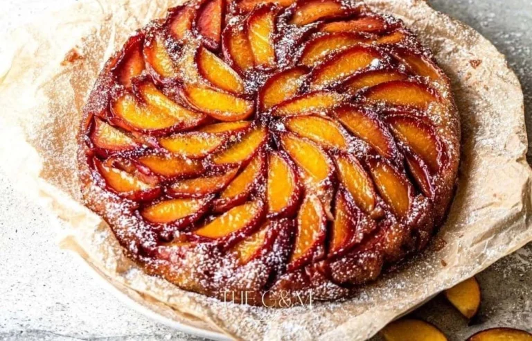 Bourbon Peach Upside Down Cake with caramelized peaches and bourbon glaze