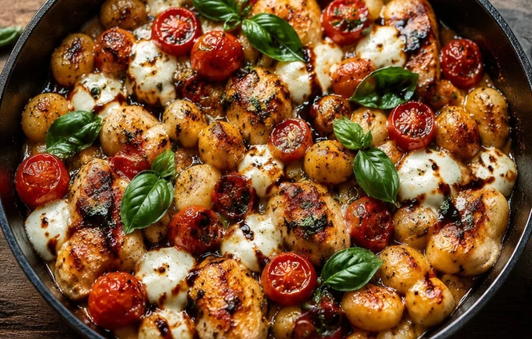 Delicious Caprese Chicken Gnocchi Skillet served in a skillet with vibrant ingredients.