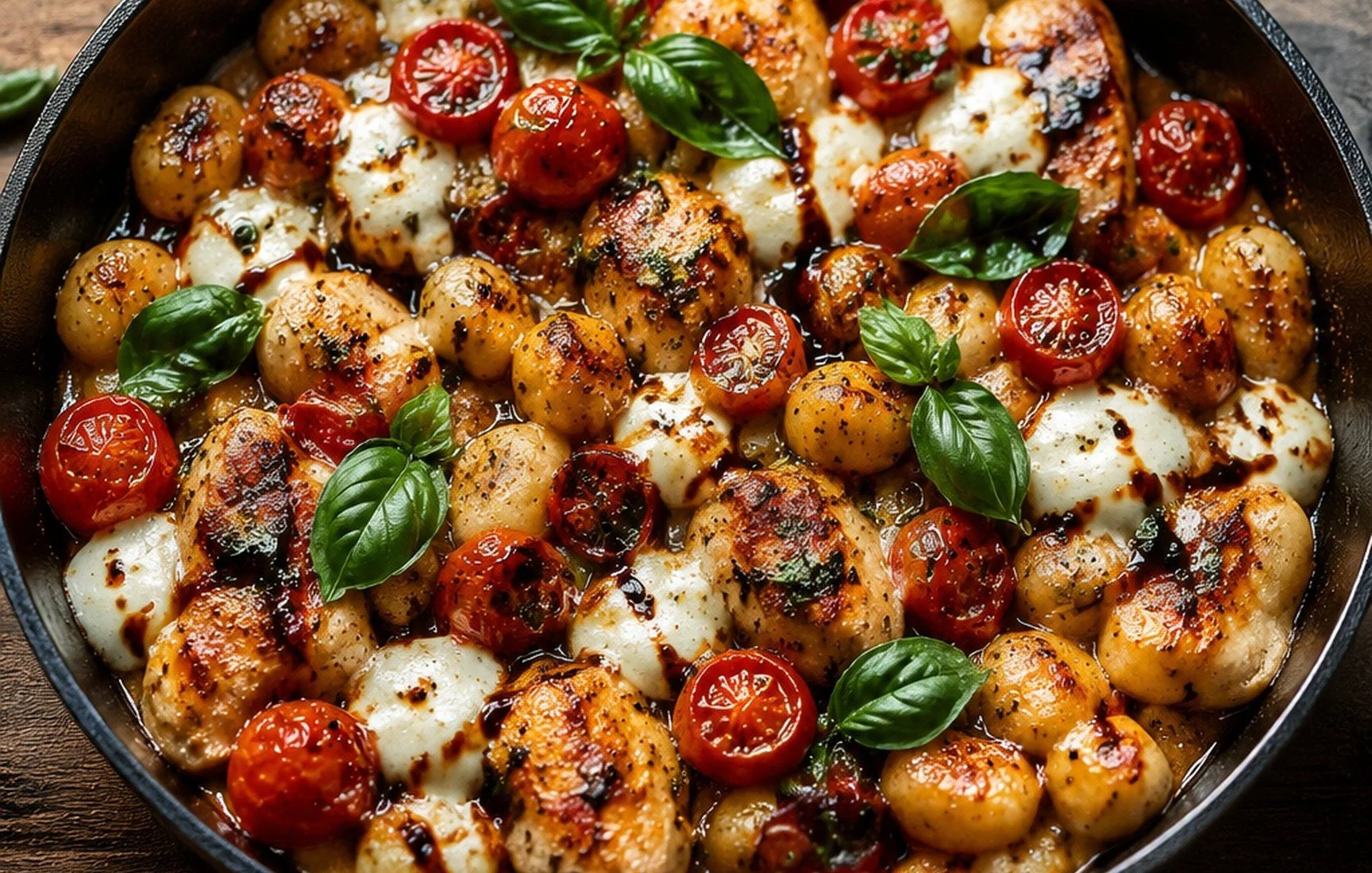 Delicious Caprese Chicken Gnocchi Skillet served in a skillet with vibrant ingredients.