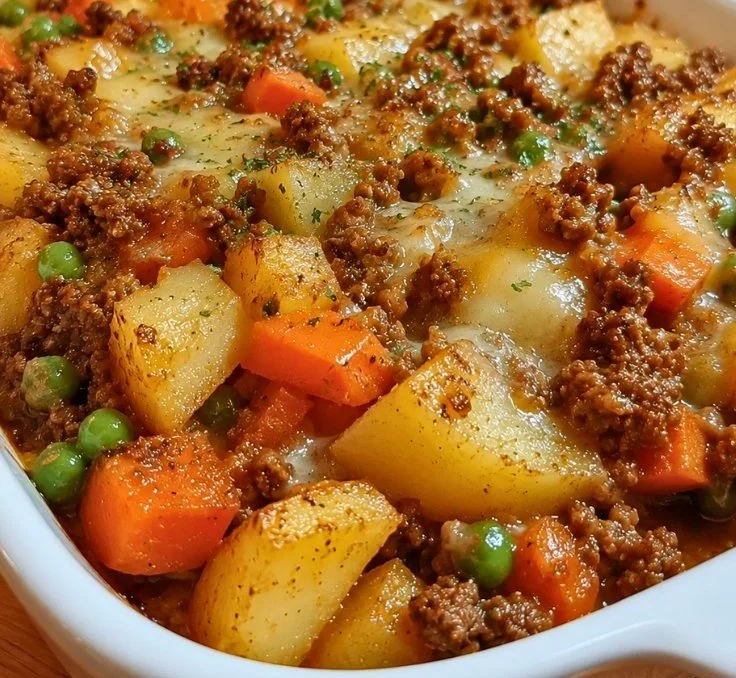 Cheesy Hobo Casserole with ground beef and potatoes served in a baking dish