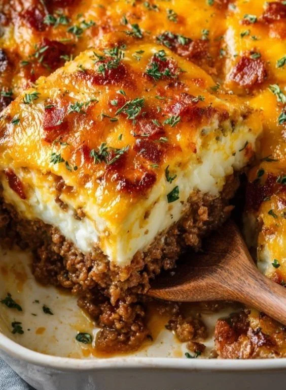 Cheesy meatloaf served with creamy mashed potatoes on a plate