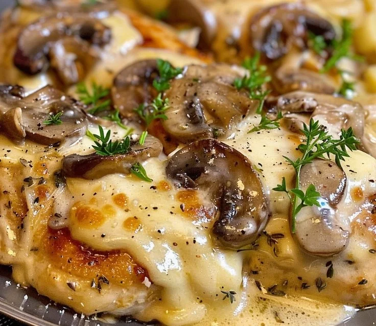Plate of Chicken Mushroom Pasta garnished with parsley