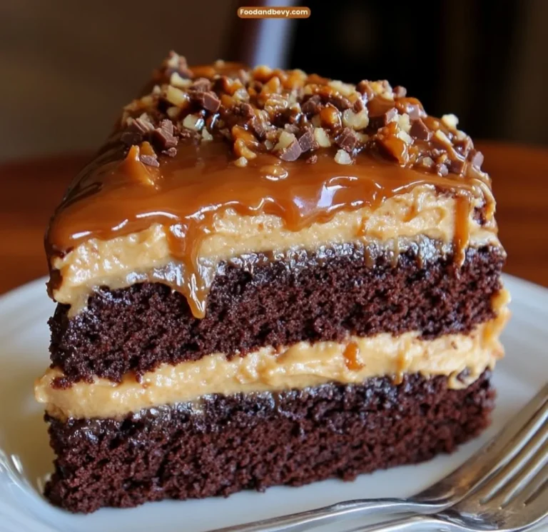 Chocolate cake with caramel, toffee, and crunchy topping photo