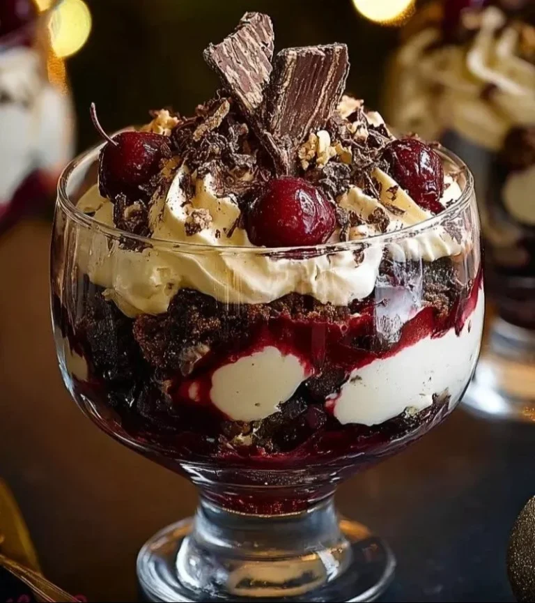 Delicious Christmas Black Forest Trifle dessert with layers of chocolate and cherries