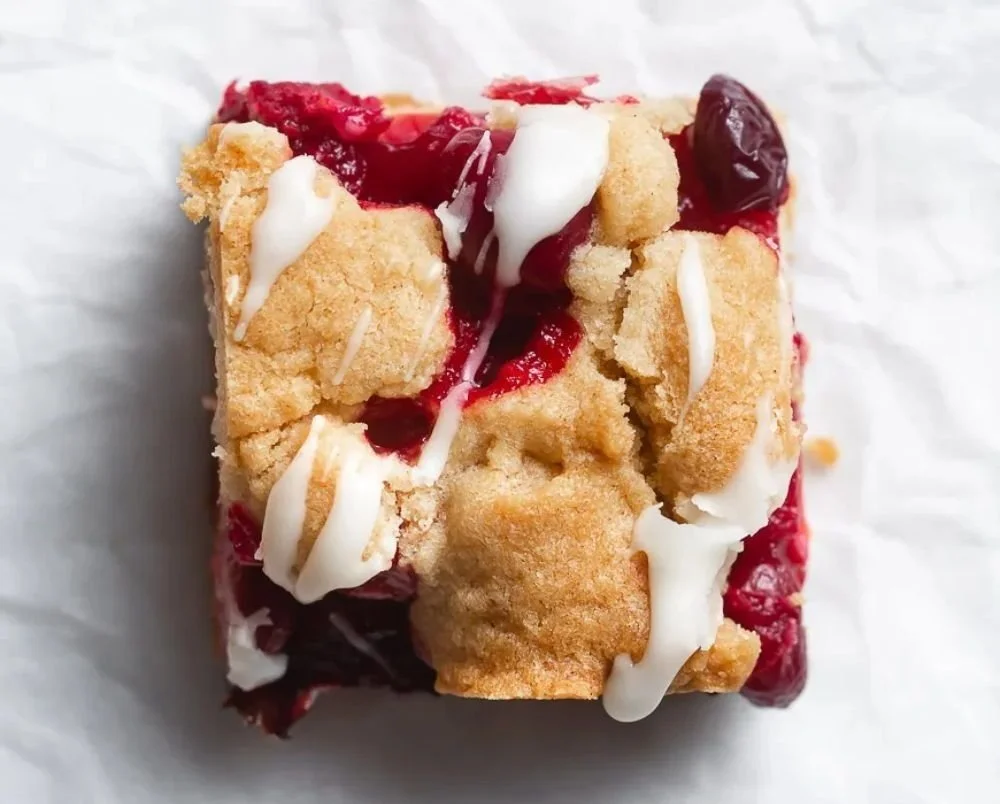 Delicious cranberry crumble bars with a browned butter blondie topping
