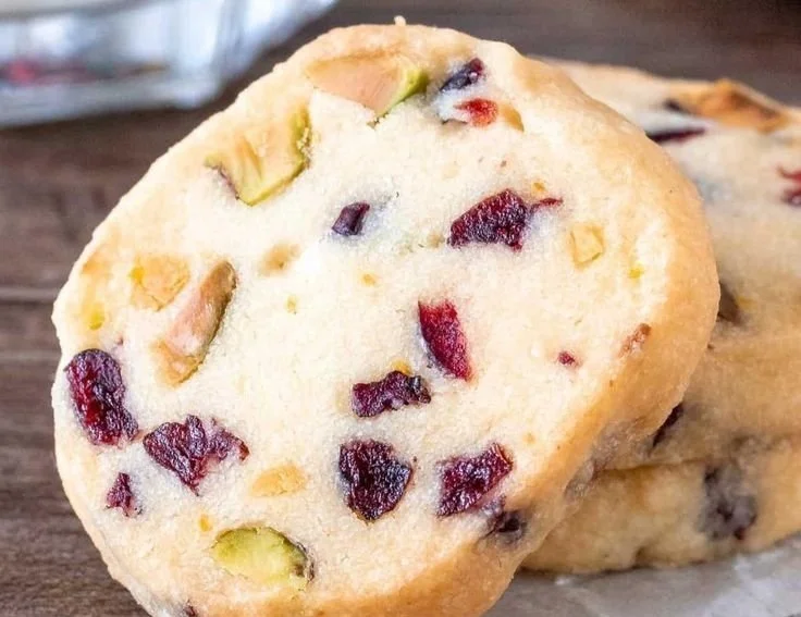 Delicious cranberry pistachio shortbread cookies on a plate