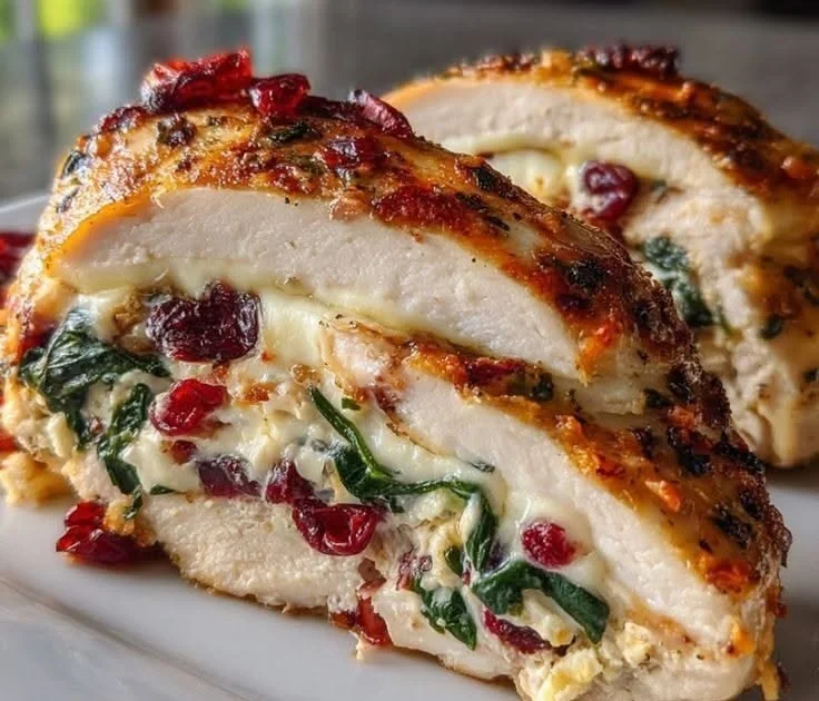 Cranberry Spinach Stuffed Chicken Breasts with Creamy Brie on a plate