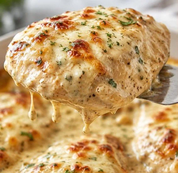 Creamy smothered sour cream chicken served on a plate