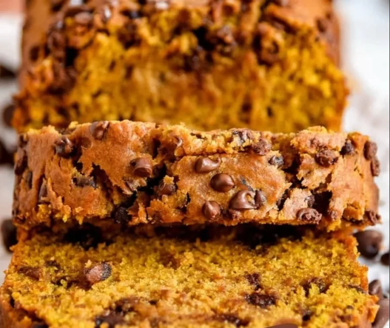 Loaf of easy pumpkin chocolate chip bread fresh from the oven