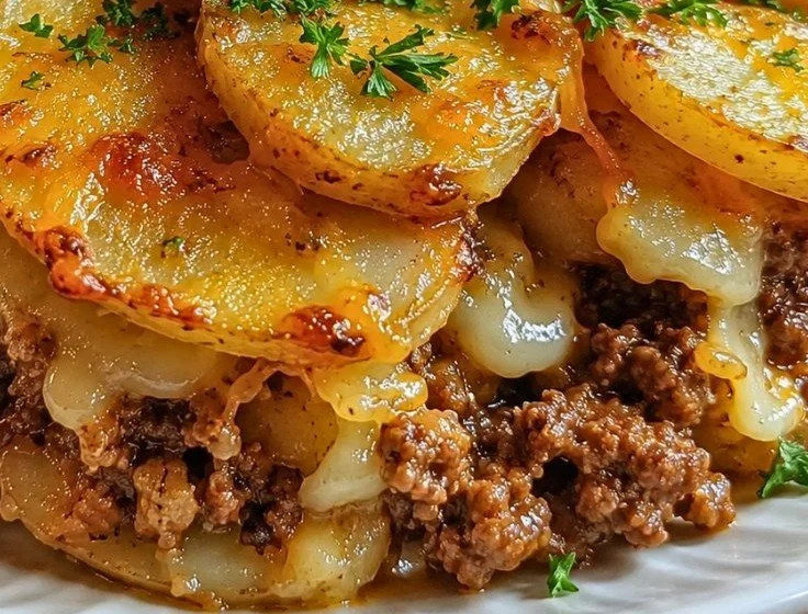 Healthy Beef and Potato Bake served in a white dish with fresh herbs on top.