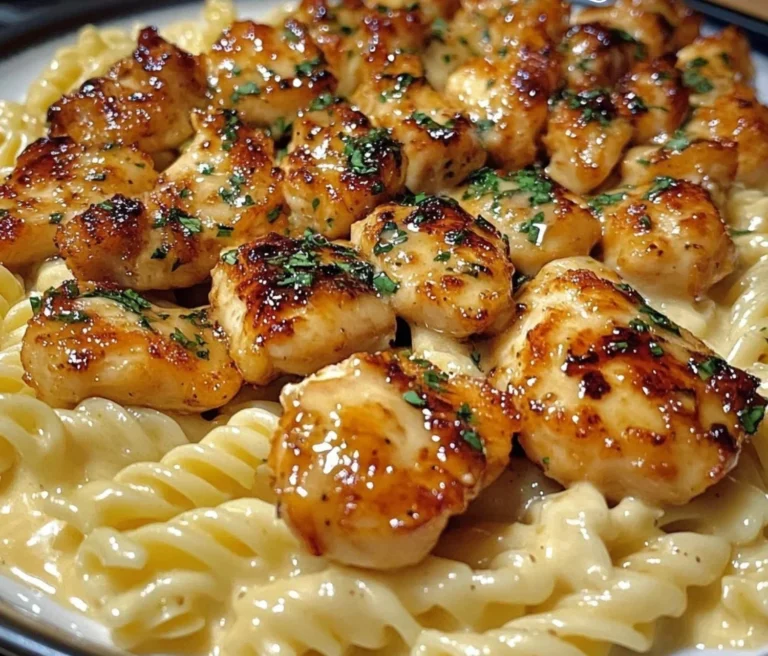 Delicious Honey Butter Garlic Chicken bites served with cheesy pasta