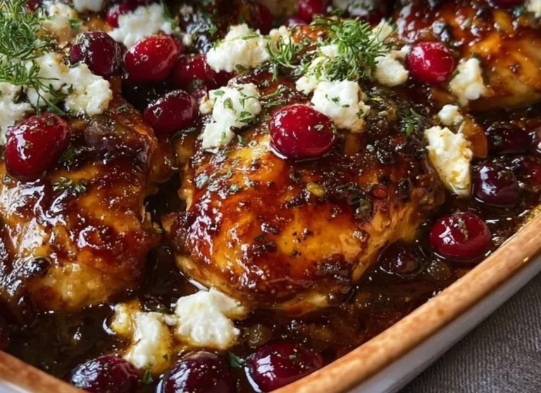 Honey Cranberry Chicken Bake topped with Feta Cheese, a flavorful dish recipe.