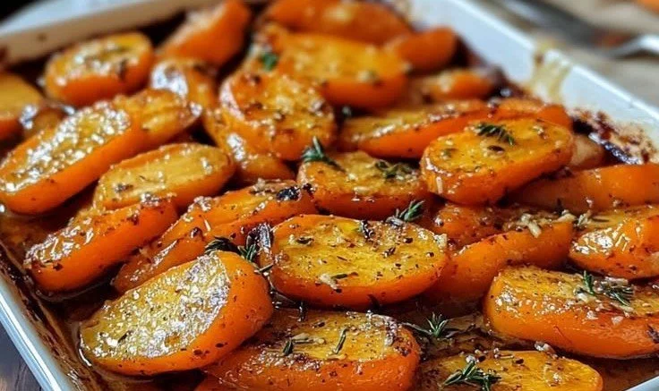 Honey garlic roasted carrots, beautifully glazed and caramelized