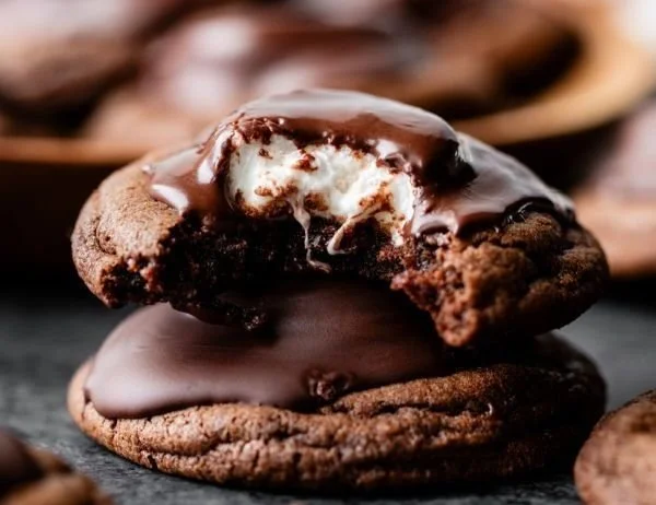 Delicious hot cocoa cookies filled with marshmallow surprise on a baking tray.