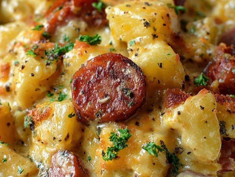 Kielbasa sausage casserole with cheesy potatoes baked in a delicious dish