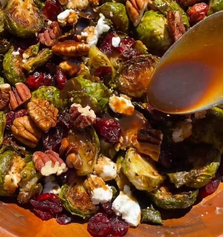 Maple Balsamic Roasted Brussels Sprouts served on a festive Thanksgiving table