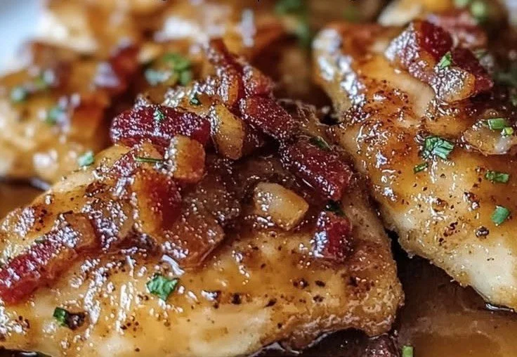 Maple Garlic Bacon Chicken cooking with crispy bacon and golden sauce.