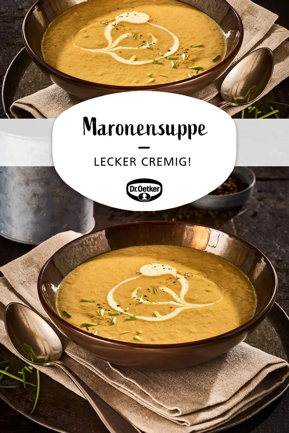 Cremige Maronensuppe in einer Schüssel, garniert mit frischen Kräutern