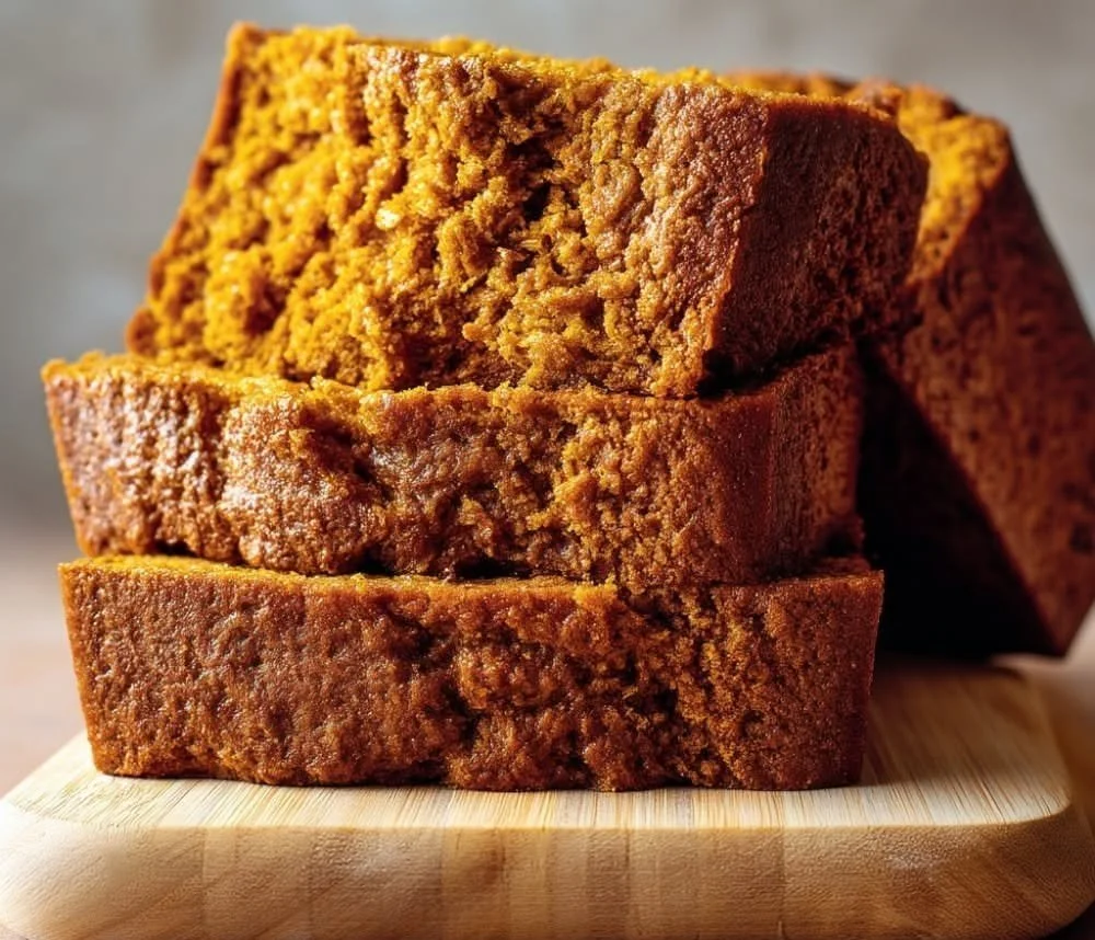 Slice of moist pumpkin bread on a plate garnished with autumn leaves
