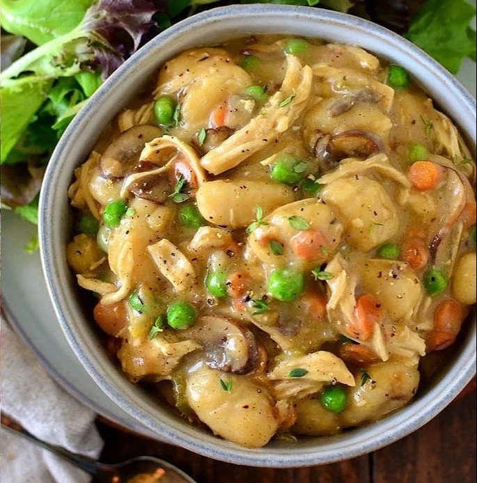 Delicious One-Pot Chicken Pot Pie with Gnocchi served in a bowl.