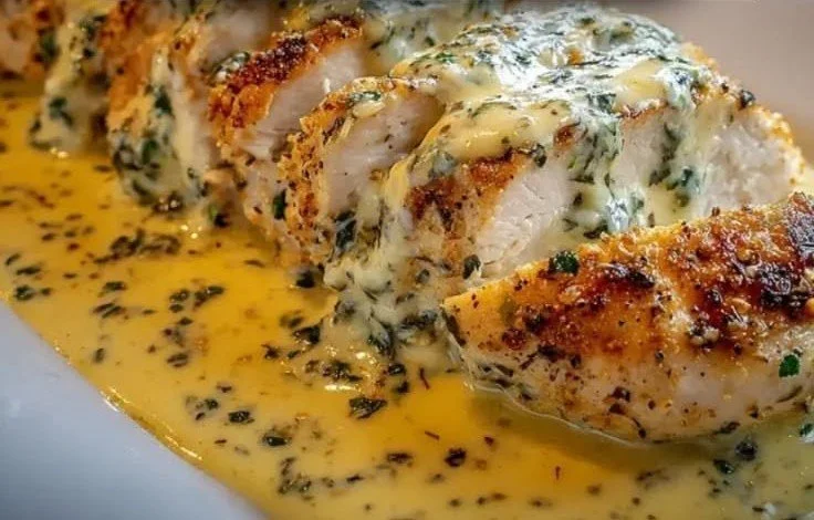 Oven-baked chicken topped with creamy Parmesan and Caesar sauce on a plate.
