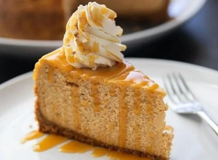 Delicious pumpkin cheesecake without a water bath topping with whipped cream
