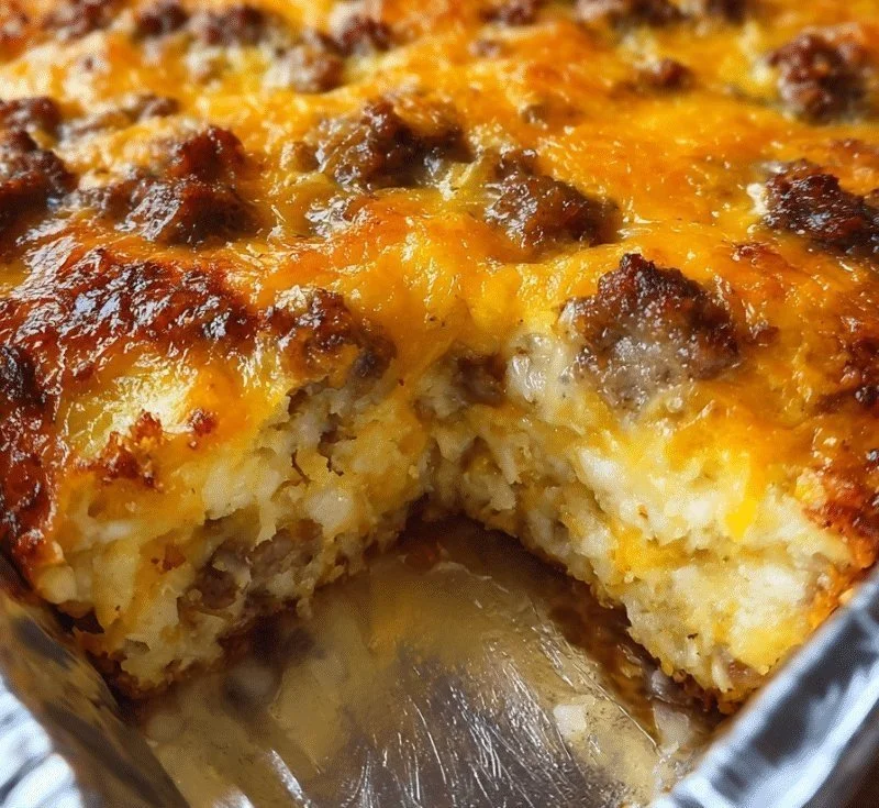 Sausage Egg Cream Cheese Hash Brown Casserole served in a baking dish.