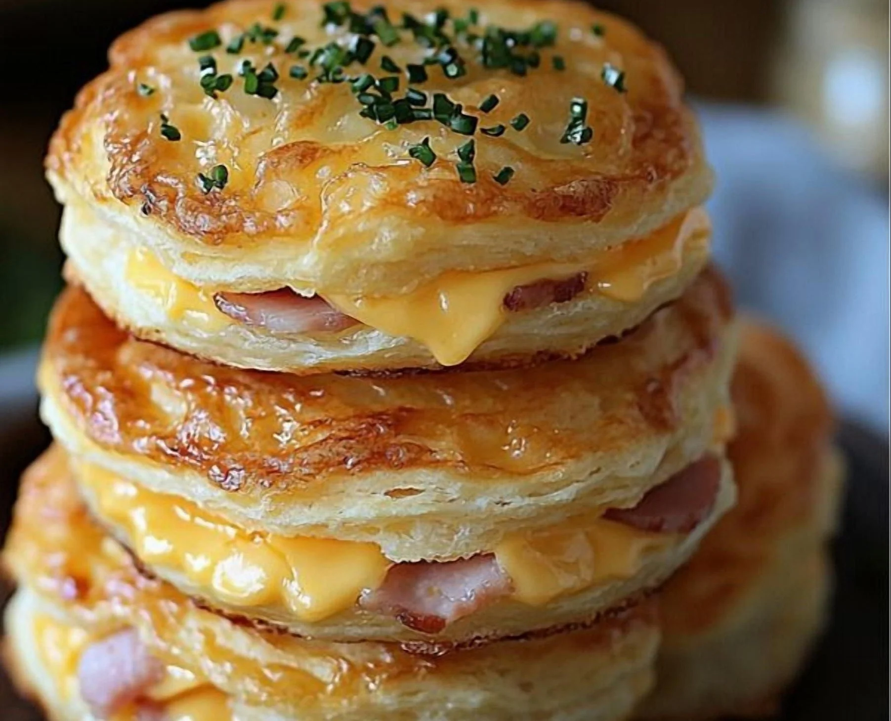 Savory ham and cheese butter biscuits on a plate, golden and flaky.
