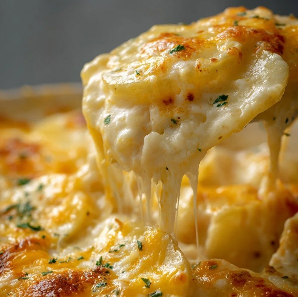 Delicious slow cooker cheesy potatoes served in a bowl.