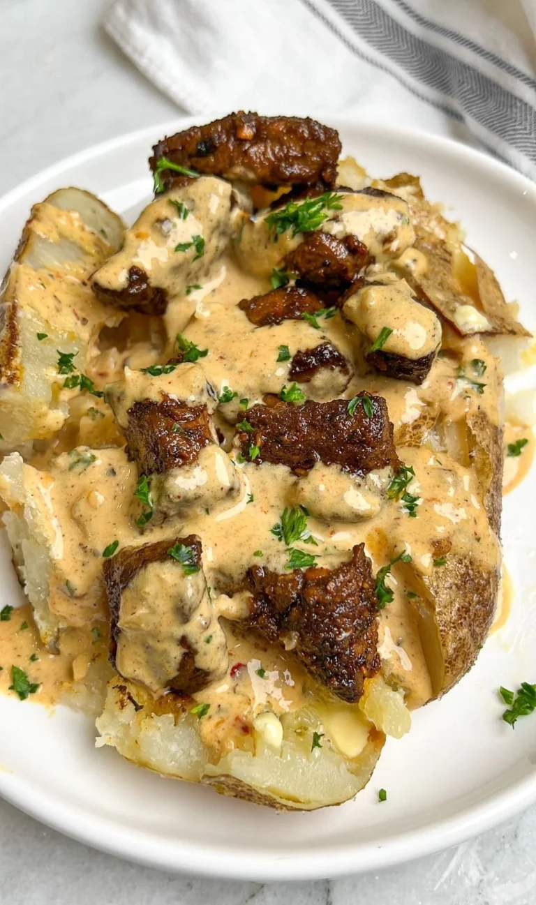 Steak bites resting on a loaded baked potato, garnished with herbs.