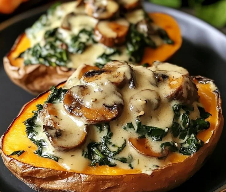 Stuffed sweet potatoes with spinach and mushrooms served on a plate