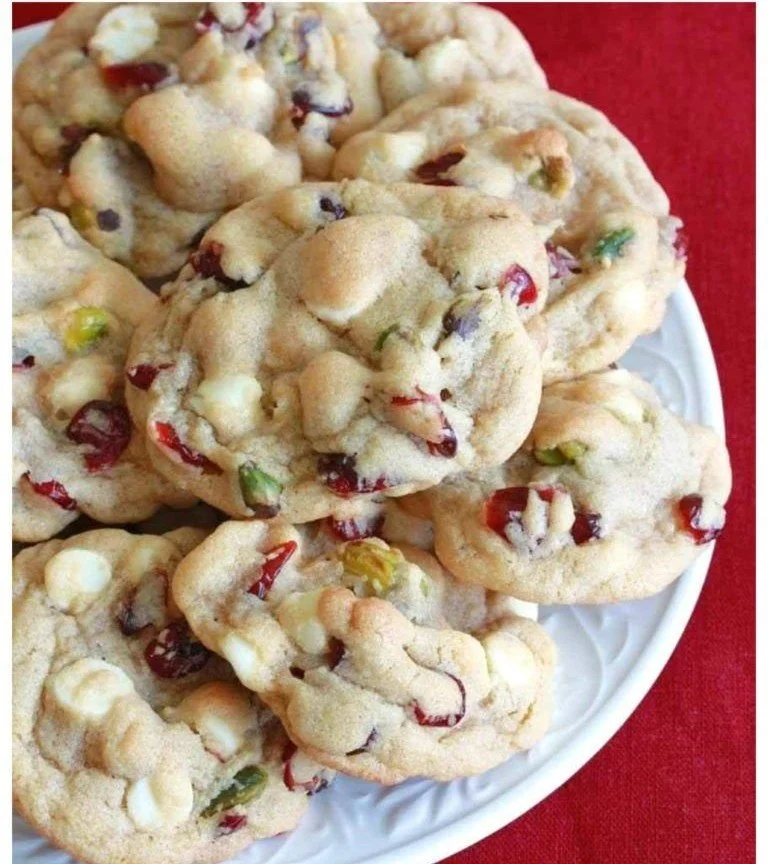 White chocolate cranberry pistachio cookies on a plate