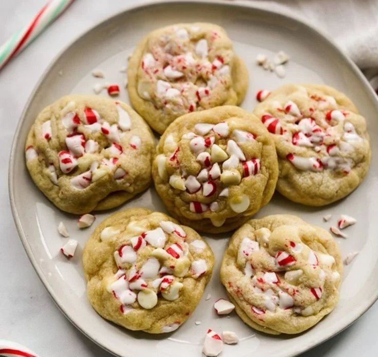 White Chocolate Peppermint Christmas Cookies on a festive plate